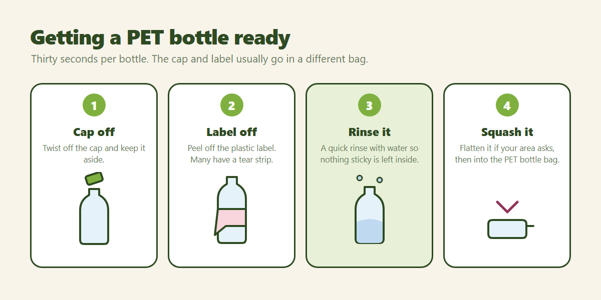Four illustrated steps for preparing a PET bottle for recycling in Japan: take the cap off, peel the label, rinse it out, and squash it flat