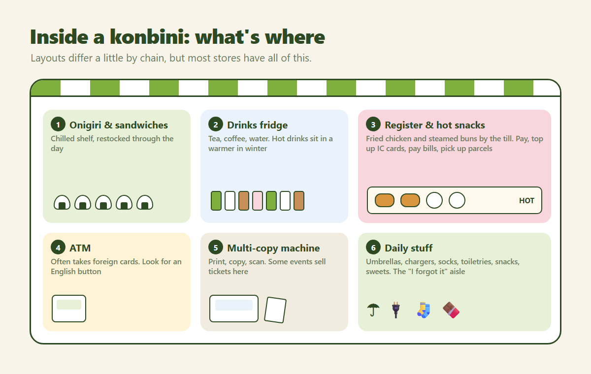Illustrated floor plan of a Japanese convenience store: onigiri shelf, drinks fridge, register with hot snacks, ATM, multi-copy machine and daily goods aisle