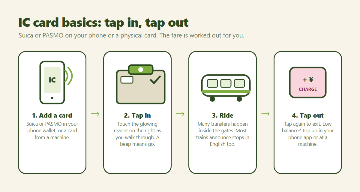 Four-step illustration of using an IC card on Tokyo trains: add a card to your phone, tap in at the gate, ride, tap out