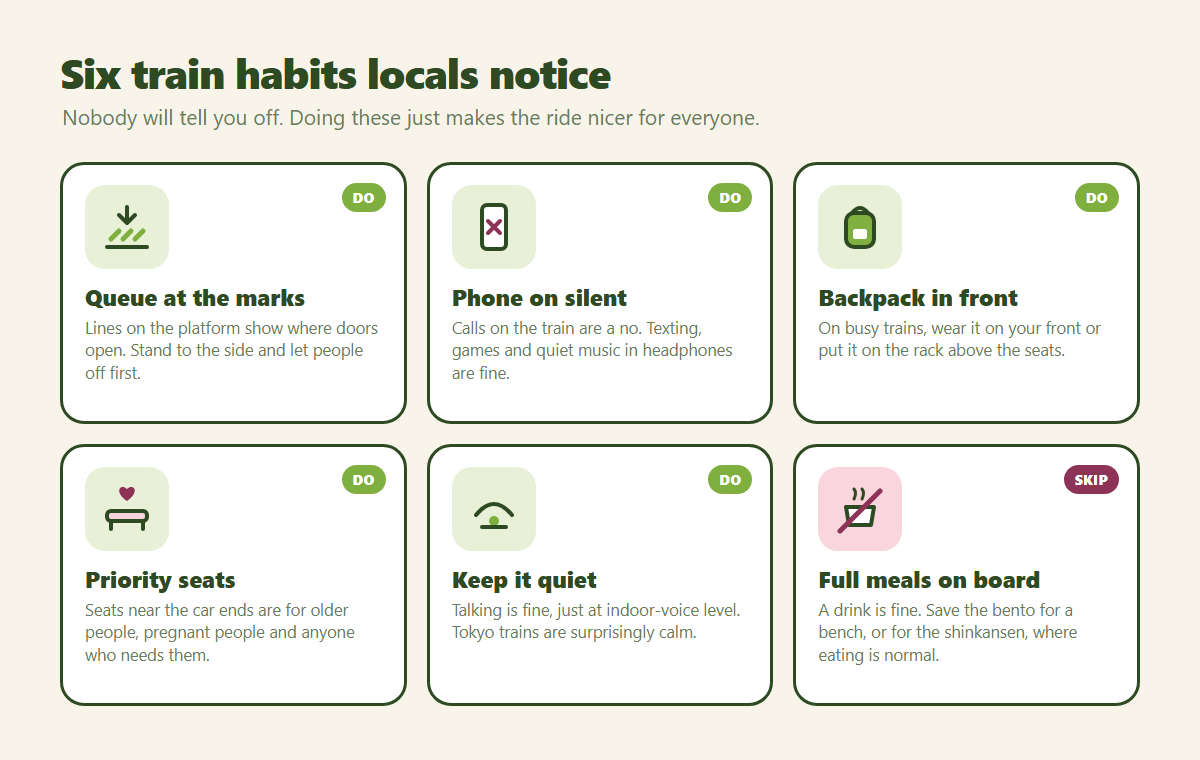 Six train etiquette cards: queue at the platform marks, phone on silent, backpack in front, priority seats, keep it quiet, and skip full meals on board
