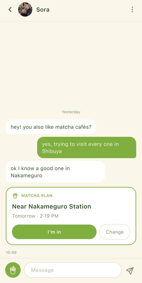 A Matcha Plan card in a chat with Sora: near Nakameguro Station, tomorrow