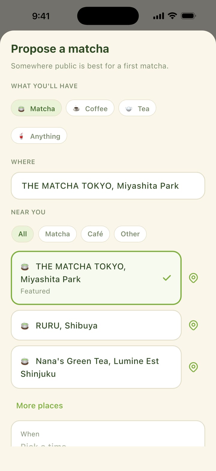 Proposing a matcha in the app: a featured matcha café suggested first