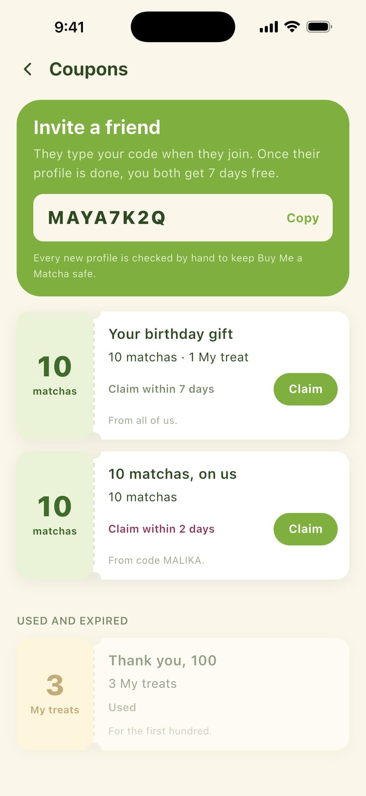 The coupons screen in the app: 10 matchas, on us, from a partner’s code